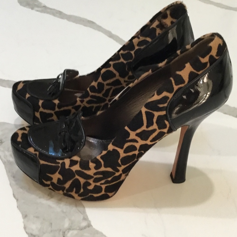 Joan & David Giraffe Print Heels with Black Patent Details